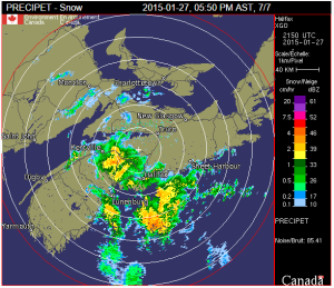 Radar image showing the band of freezing rain moving north at 550 pm